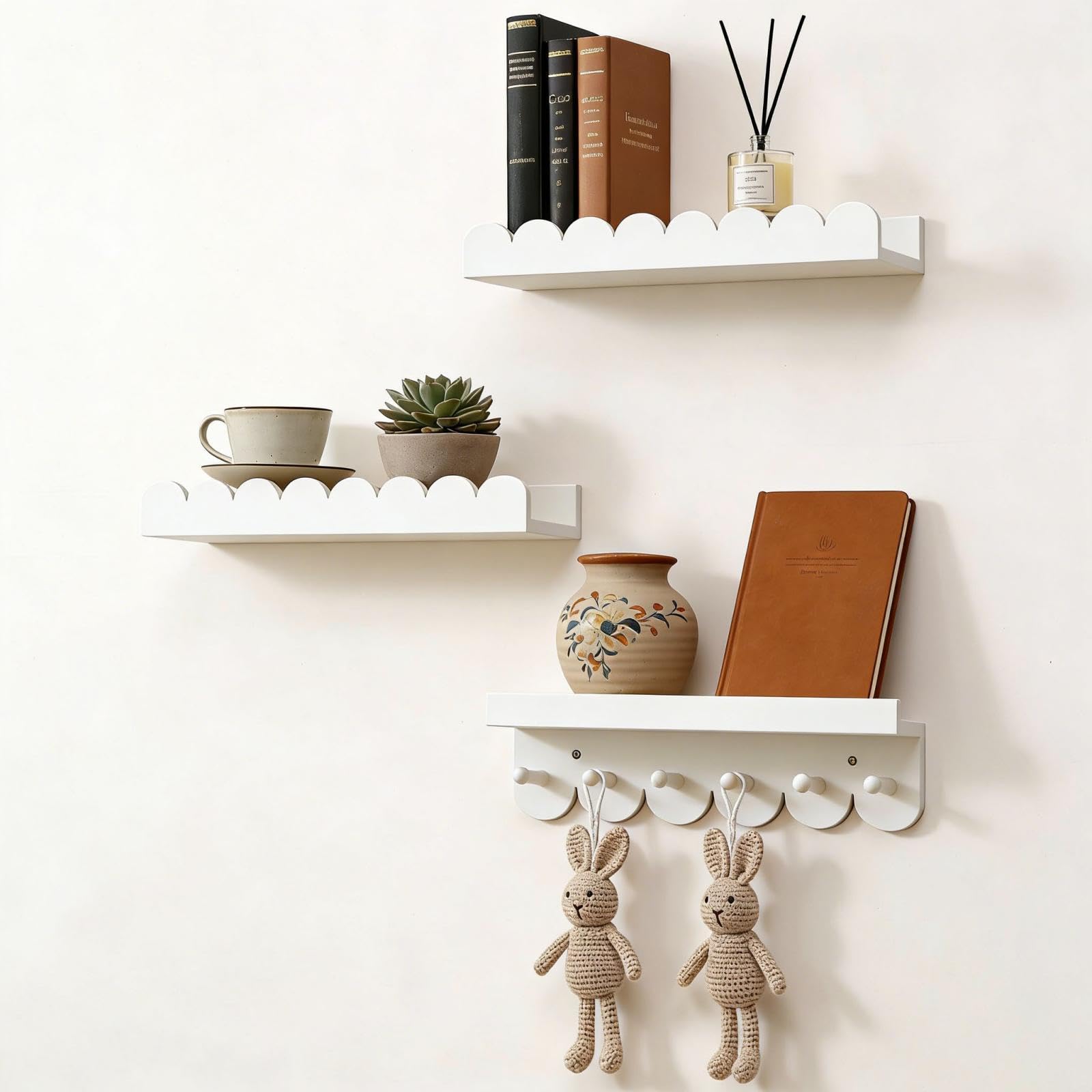 Perclyzm Set Of 3 Scalloped Wooden Nursery Book Shelves, Floating Wall Shelves With Round Hooks, 40CM Kids Storage Organizer For Nursery, Toddler Room And Bedroom Decor (White)