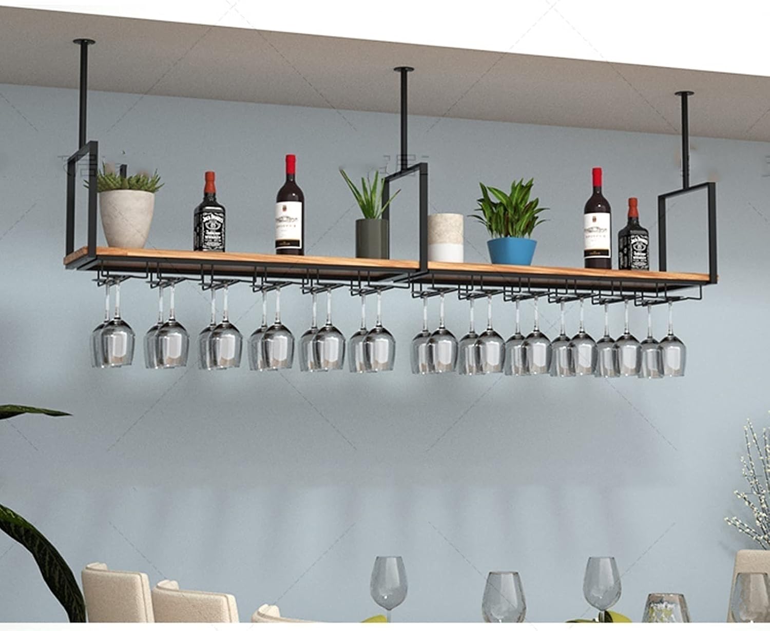 Hanging Wine Rack - Ceiling Wall Shelves, Wall Mounted Solid Wood Storage Rack/Wall Shelf, DIY Wrought Iron Glass Holder/Display Stand, Easy to Install, Load 70kg