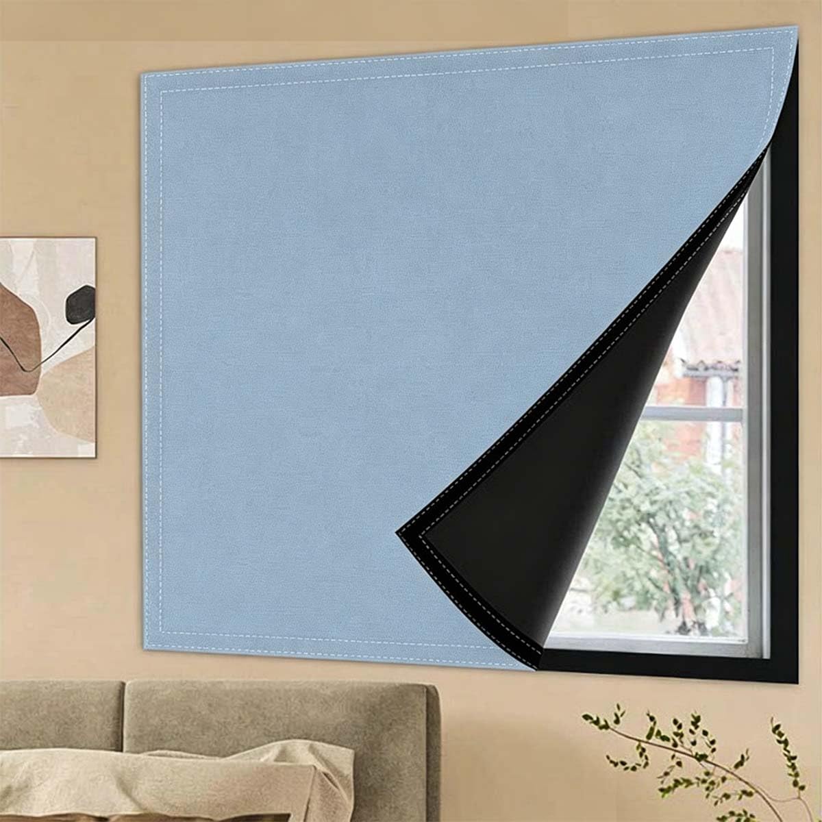 Blackout Curtains with All Around Self Adhesive, Summer Thermal Insulation Polyester Fabric Stick On No Drill Shades Portable Window Cover Blinds for Bedroom Nursery (50x120cm,Blue)