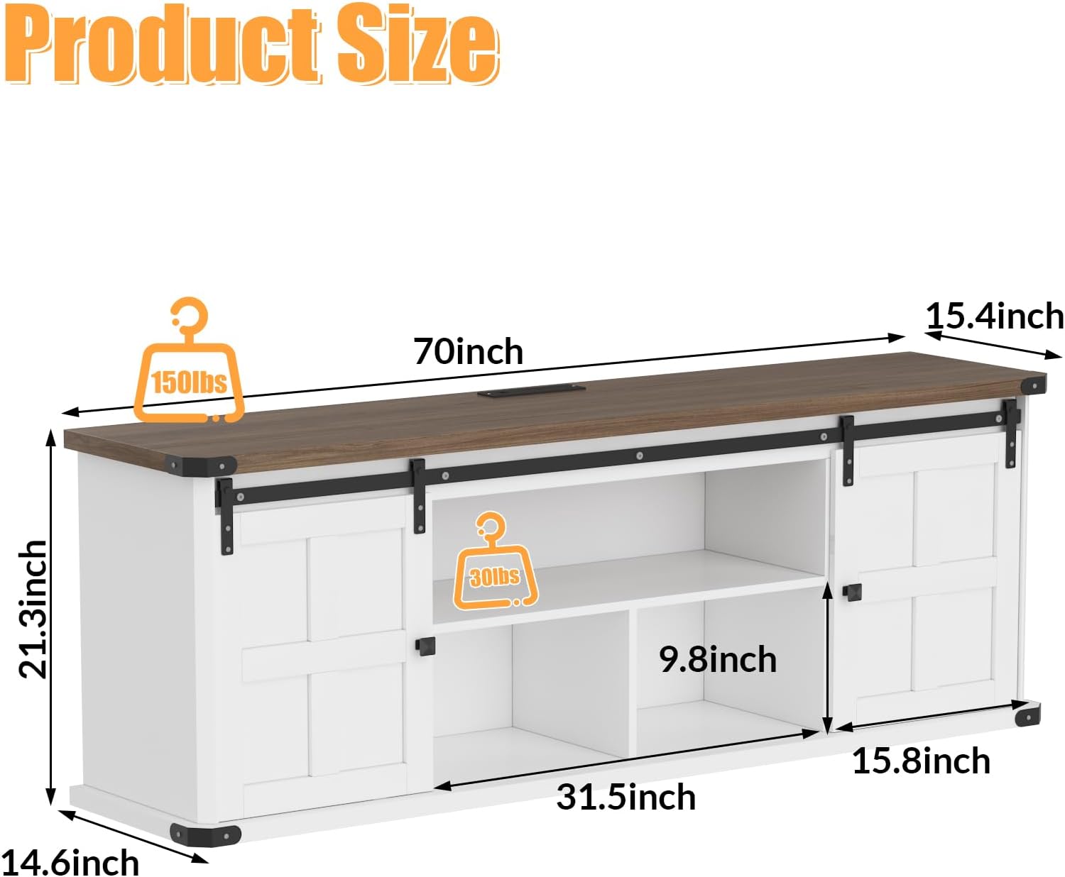 Diagram showing the dimensions of the TV stand: 70 inches long, 21.3 inches high, 15.4 inches deep, with weight limits of 150 lbs on top and 30 lbs per shelf.