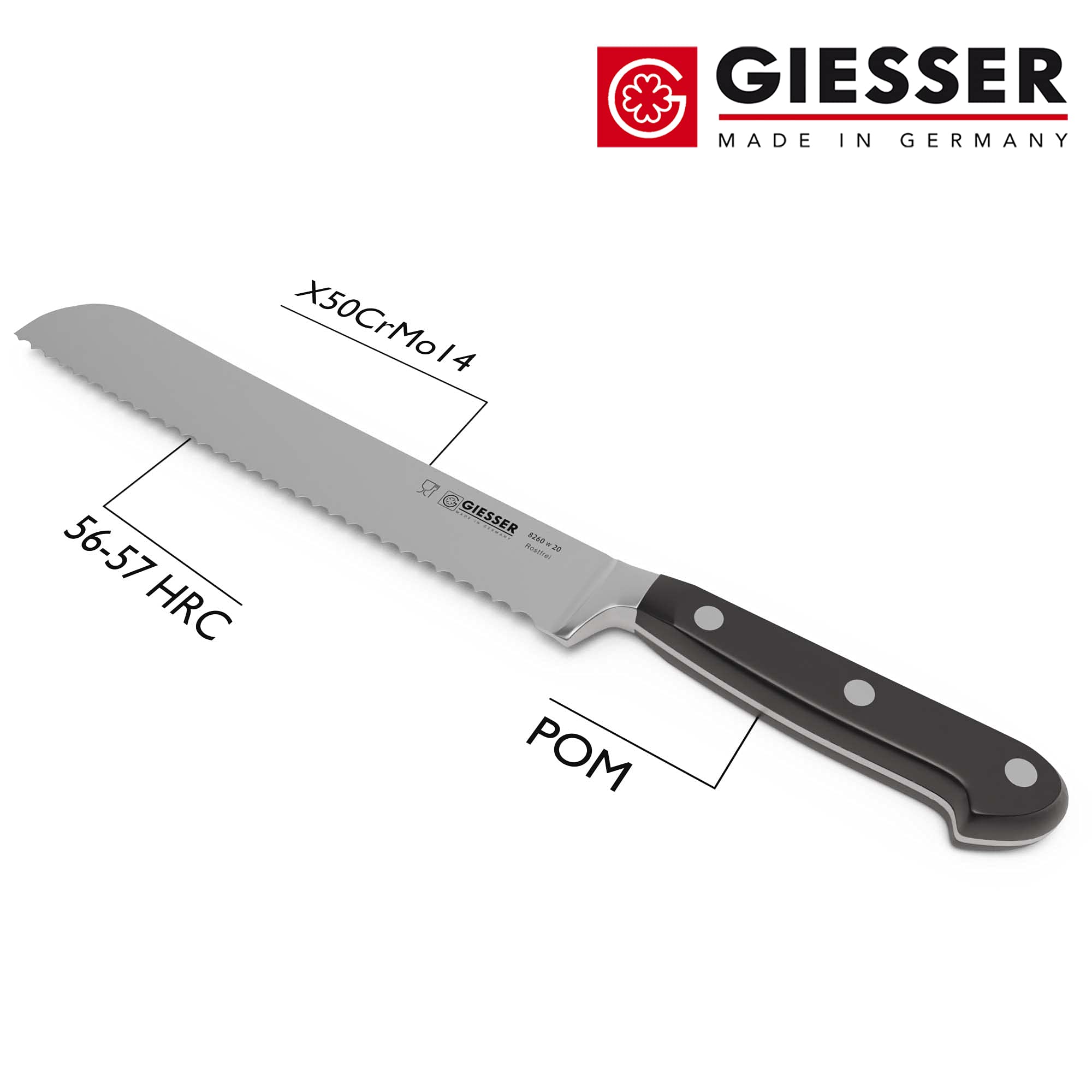 Giesser seit 1776 - Made in Germany - Brotmesser geschmiedet schwarz Skyline black, 20 cm Klinge mit Wellenschliff, genietet, spülmaschinengeeignet, rostfrei