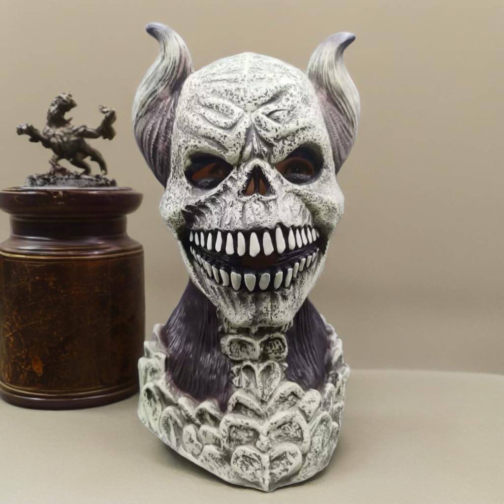eBoutik, Spooky Creepy Vampire Novelty Halloween Skull Adult Mask with Ram Horns, Latex Full Head Mask - Image 2