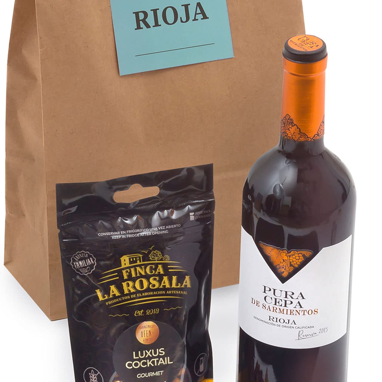 Geschenktüte RIOJA für Weinliebhaber - Edler Reserva-Rotwein D.O.C. Rioja und Gourmet-Nuss-Mischung aus Spanien