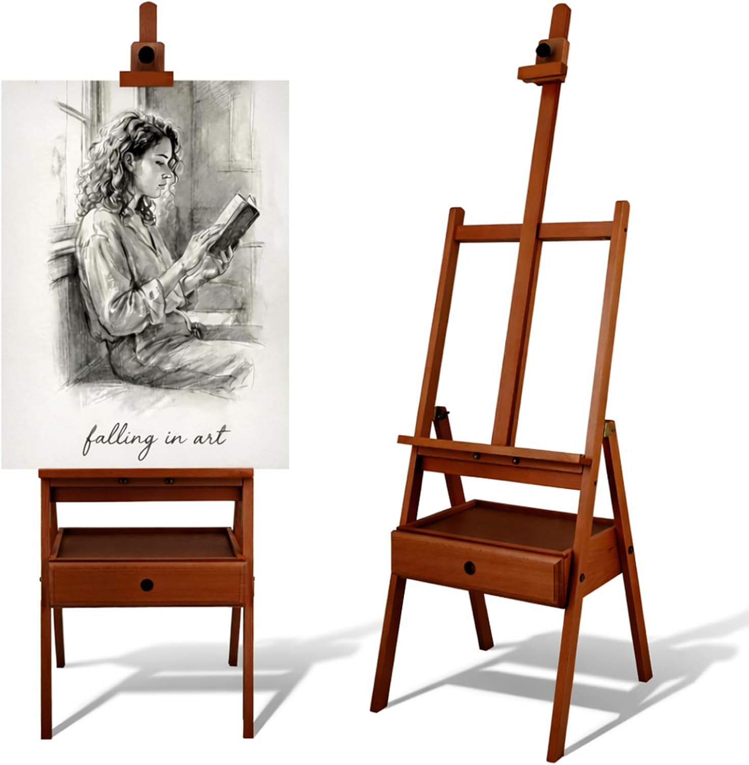 Falling in Art H-Frame Studio Easel with Storage Drawer, Adjustable Beechwood Artist Easel Stand Holds Canvas up to 35 Inches, Suitable for Painting, Drawing, and Sketching, Natural