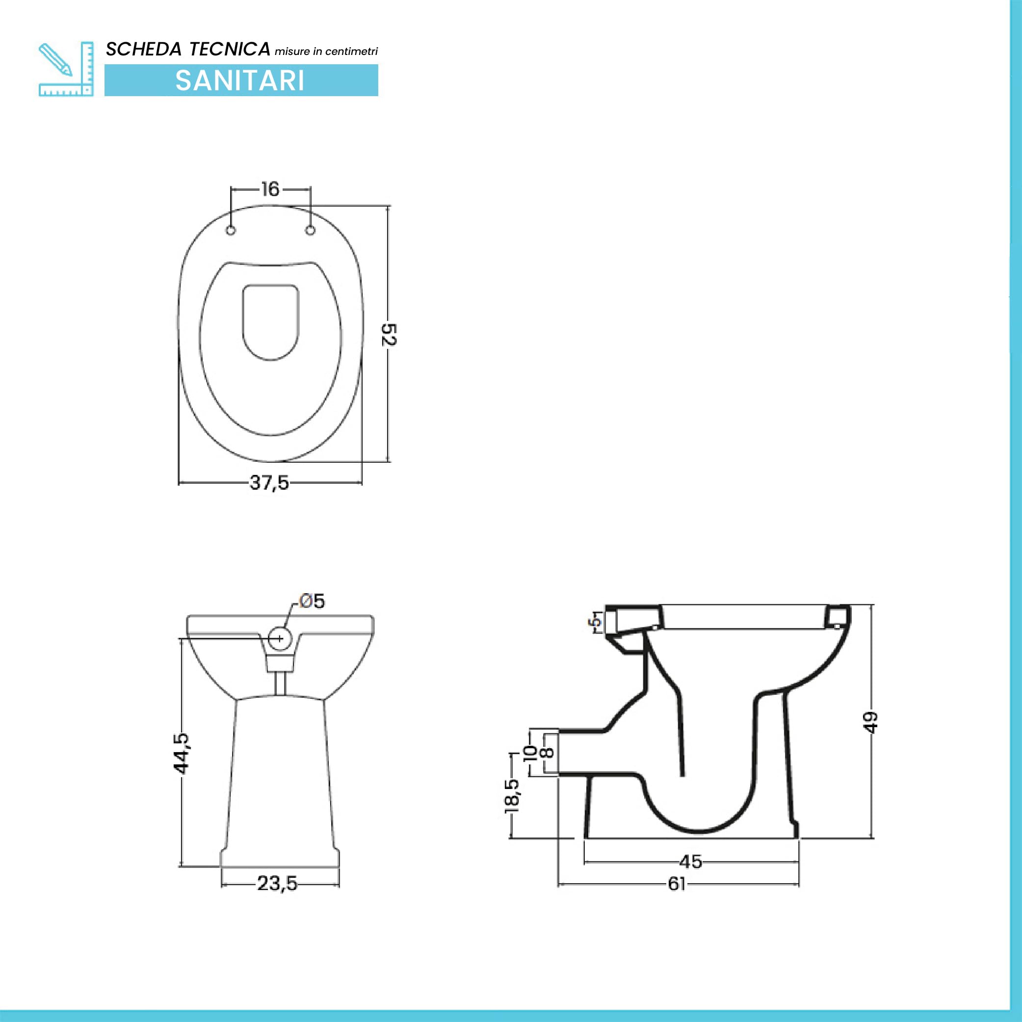 Sanitario Per Anziani Con Altezza 49 Cm E Installazione Standard Con Scarico A Pavimento | Water da L 37,5 x P 52 x H 49 cm Per Facilitare La Mobilità Degli Anziani In Ceramica Bianca