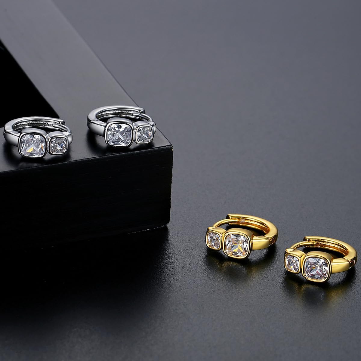 Square Cut Moissanite Hoop Earrings in 14K Gold, Compact and Elegant, Great Gift for Chic Women