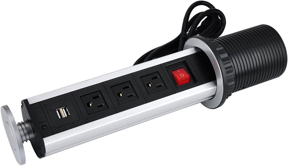 Pulling Pop-up Outlets Desktop Kitchen Countertop Island Power Grommet, Surgetek Hidden-Power Power Strip with 3-Socket& Dual USB Chargers Double-Break Switch (Without Surge Protector)