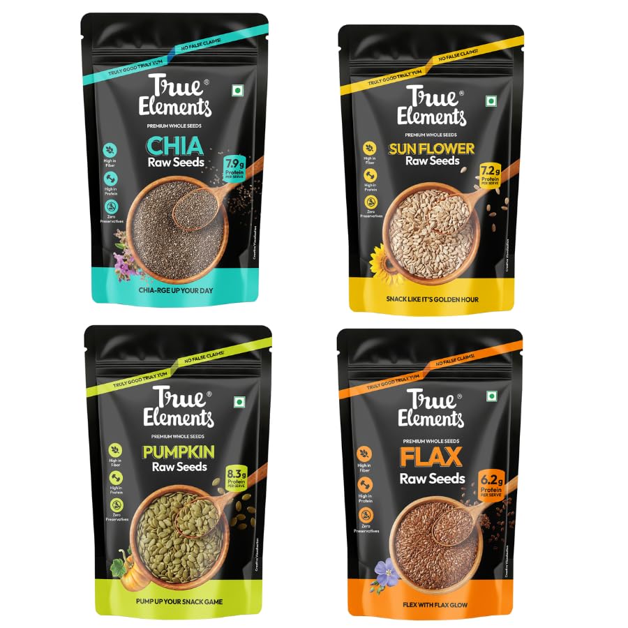 Image of Edible Seeds Combo 700g by True Elements (Chia + Sunflower+ Pumpkin each 150g + Flax Seeds 250g) Pack of 4