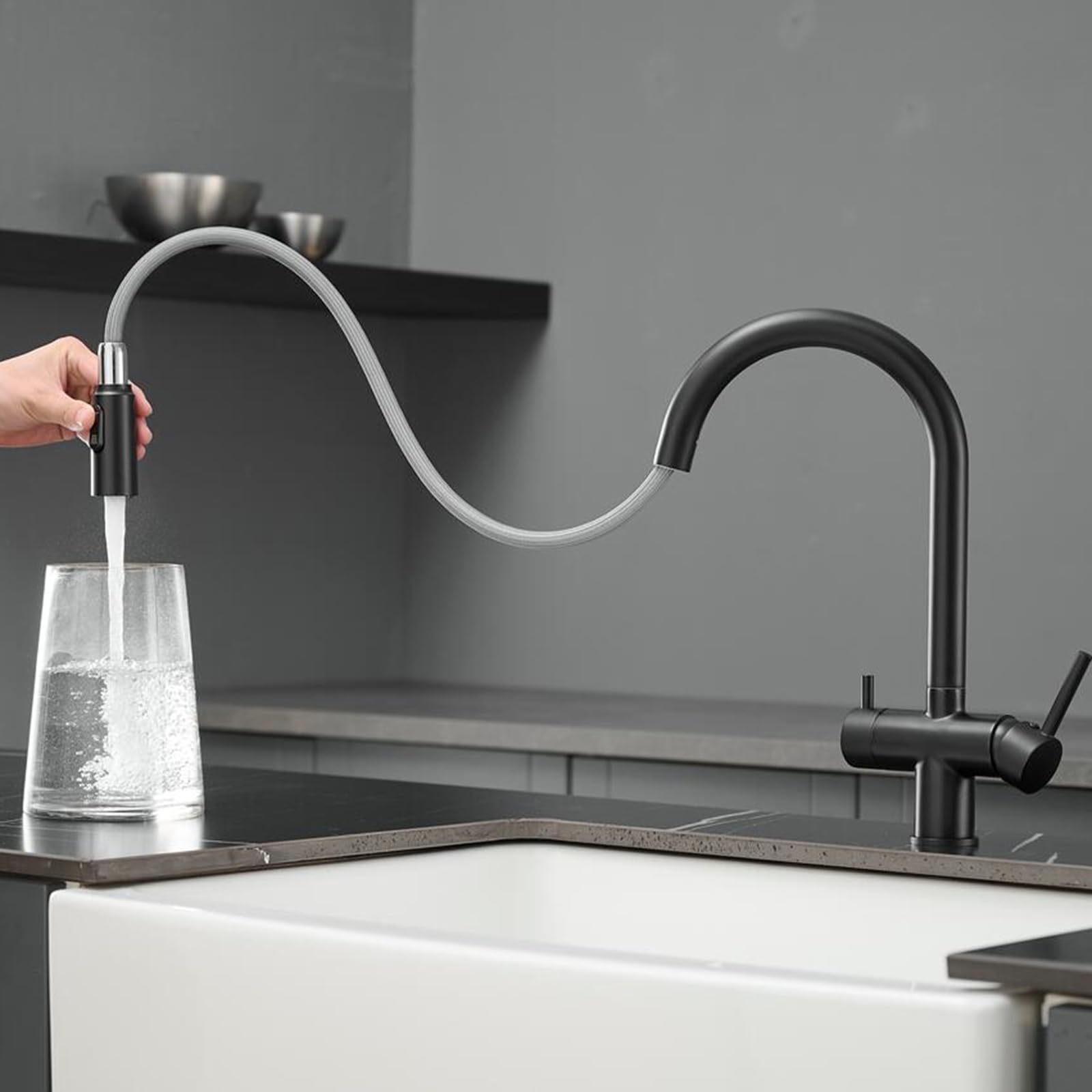 Grifo de Cocina Osmosis 3 Vias Extraible Latón 2 Manijas Grifo 3 Vias Osmosis Giratorio Orificio Único-Negro