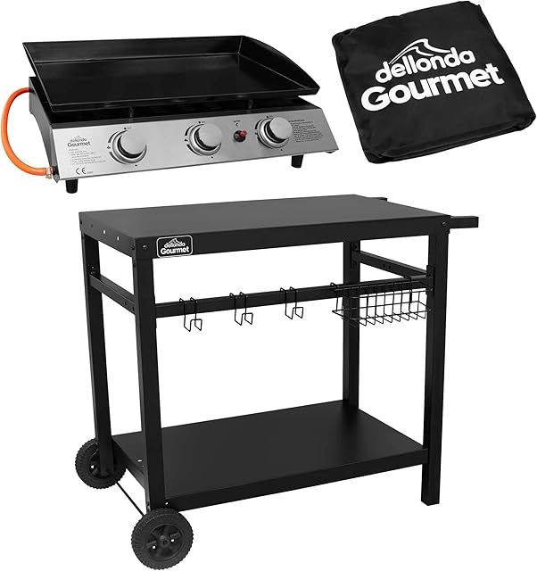Dellonda 3 Burner Portable Gas Plancha 7.5kW BBQ Griddle, Stainless Steel, Supplied with Water Resistant Cover & Trolley - DG250