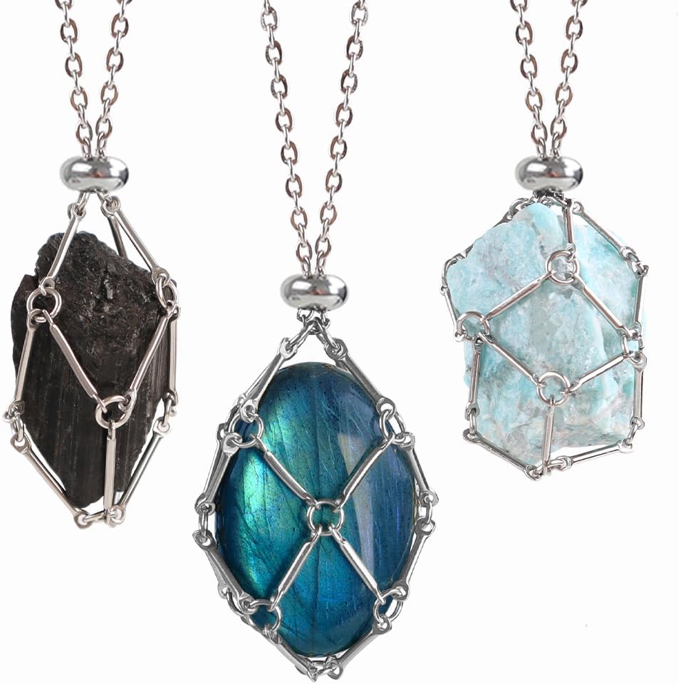 FANASY Crystal Holder Necklace - Stainless Steel Cage for Stones, Crystal Pendant Necklace With Adjustable Length, Natural Gemstone Jewelry for Women Men