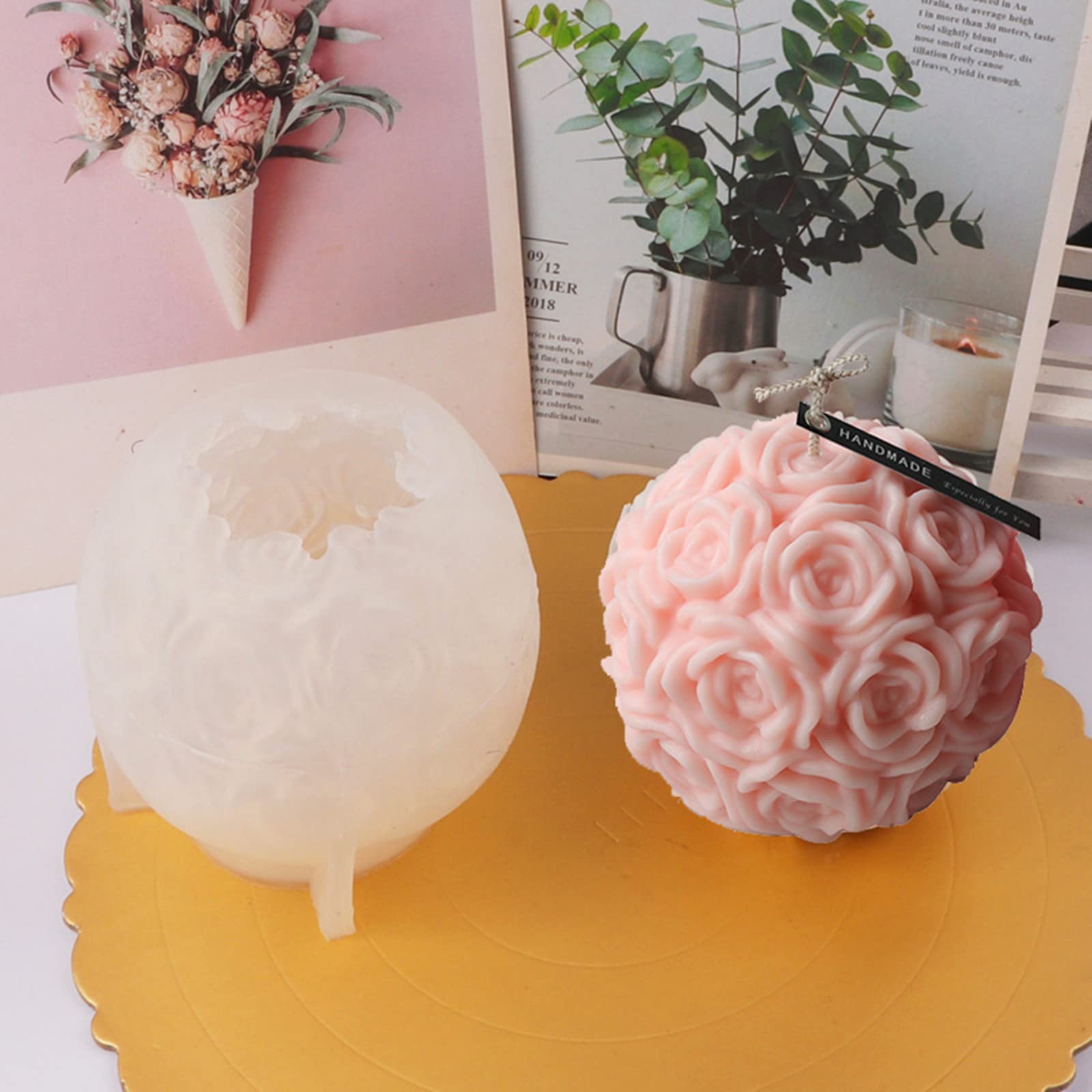3D Rose Ball Silicone Mold - For DIY Candles, Soap, Fondant, Clay Crafts (6.5x6.5x4.6 Cm)