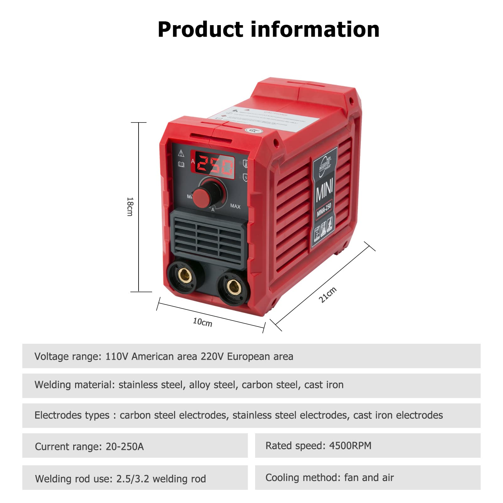 Máquina de Soldar MMA, Mini Soldador Inverter 250 A, Soldadora de Electrodos IGBT, Máquina de Soldar Portátil con Pantalla LCD, Refrigeración Inteligente, Protección contra Sobrecalentamiento
