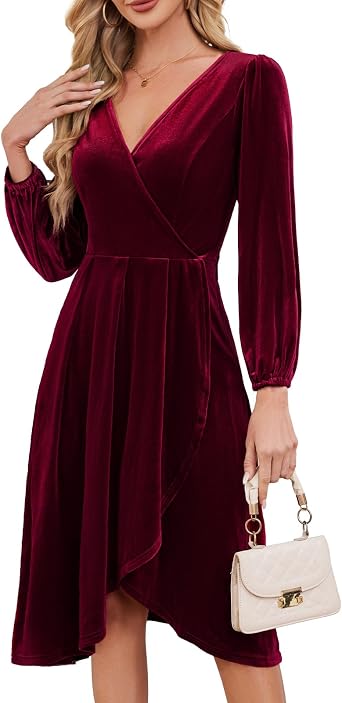 Meetjen Womens V Neck Velvet Formal Long Sleeve Dresses Flowy Fall High Low Elegant 2025 Midi Winter Cocktail Party Dress