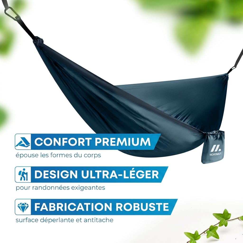 NORDMUT® Hamac Ultra Léger Outdoor [avec Kit de Fixation] – Hamac de Camping avec Kit de Protection des Arbres pour Camping, Outdoor et Jardin – Charge Max 225 kg (Bleu, 140 x 275 cm)