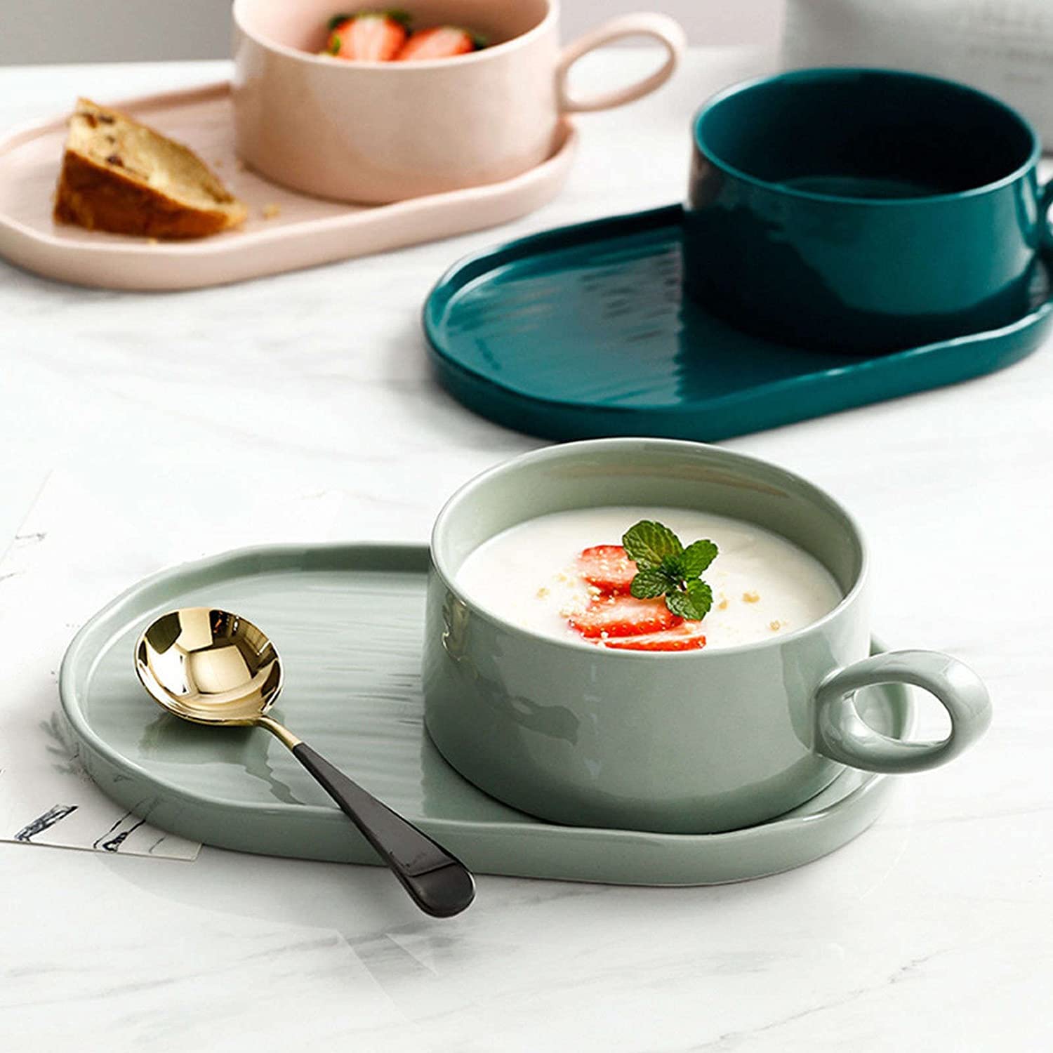 Taza de sopa con asa Tazón, Desayuno cerámica Café Té Tazas, Tazones asas y platos gres, Platos tazones Juegos 1 persona, desayuno soporte for galletas.-Rosa (Color : Oneco(Light Green)