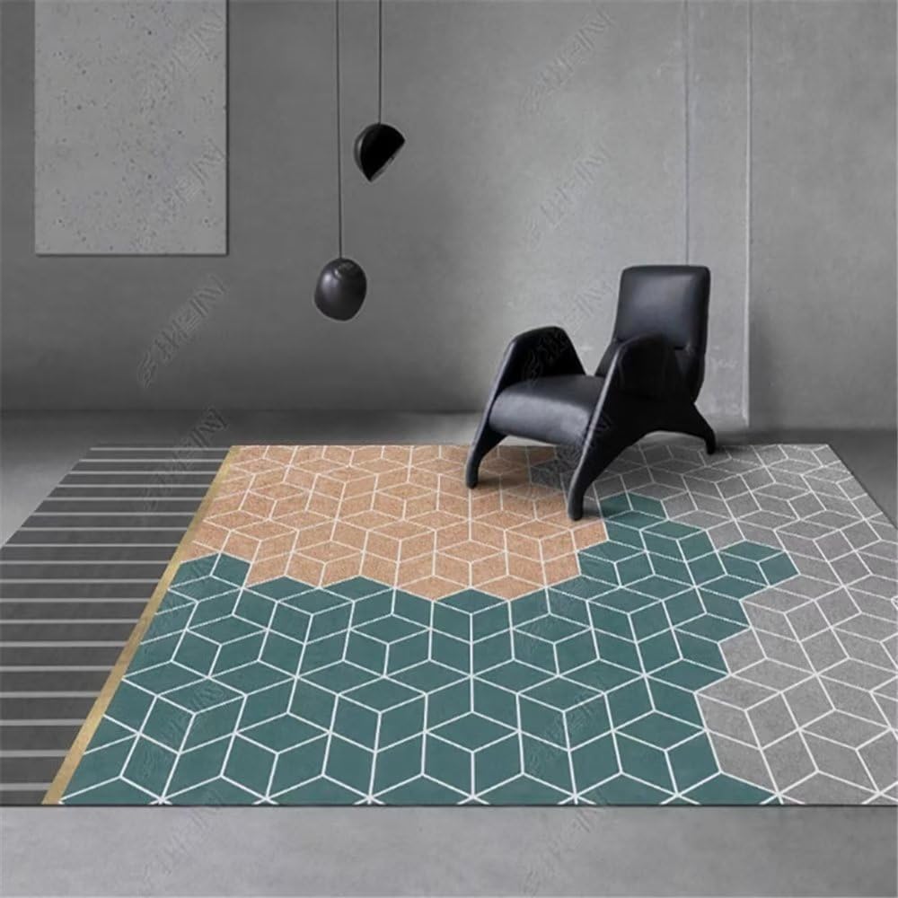 Tapis de sol géométrique bleu hexaèdre grand format 180X250
