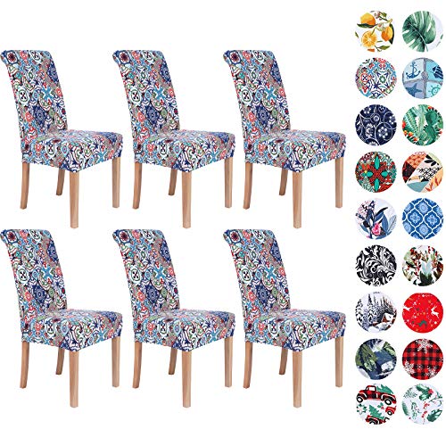 Colorxy Spandex Chair Covers for Dining Room Set of 6, Stretch Printed Chair Protectors Covers, Removable and Washable, Patchwork Moroccan