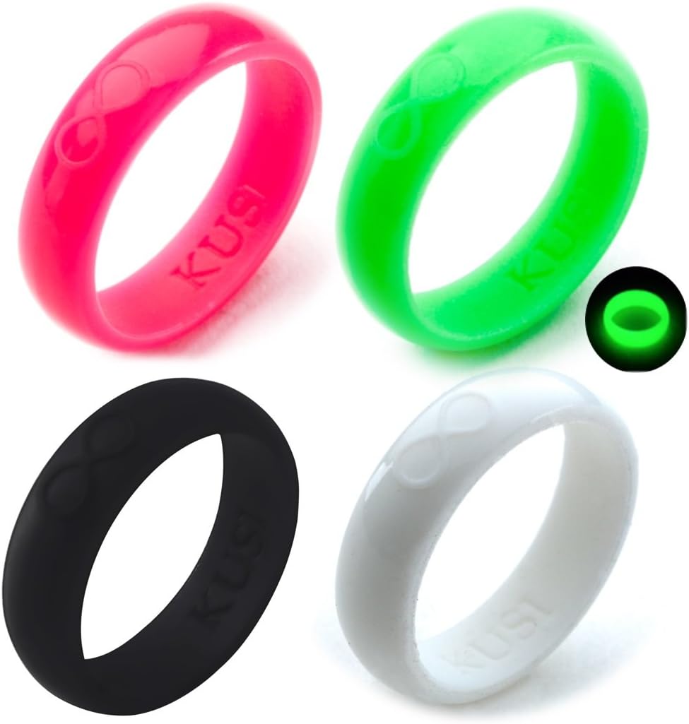 KUSI Silicone Wedding Ring Band for Women Committed to Active Lifestyle, Infinity Bands, Rubber, Comfort Fit, Black, Glow in The Dark and More, Singles and 4 Pack Sets