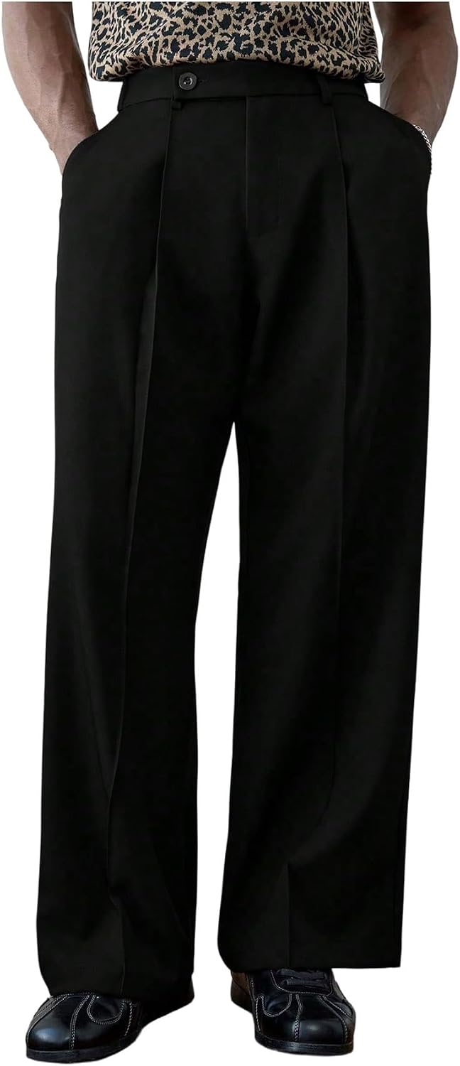 OYOANGLE Men's Pleated Dress Pants Zipper Fly Wide Leg Work Casual Long Trousers with Pockets