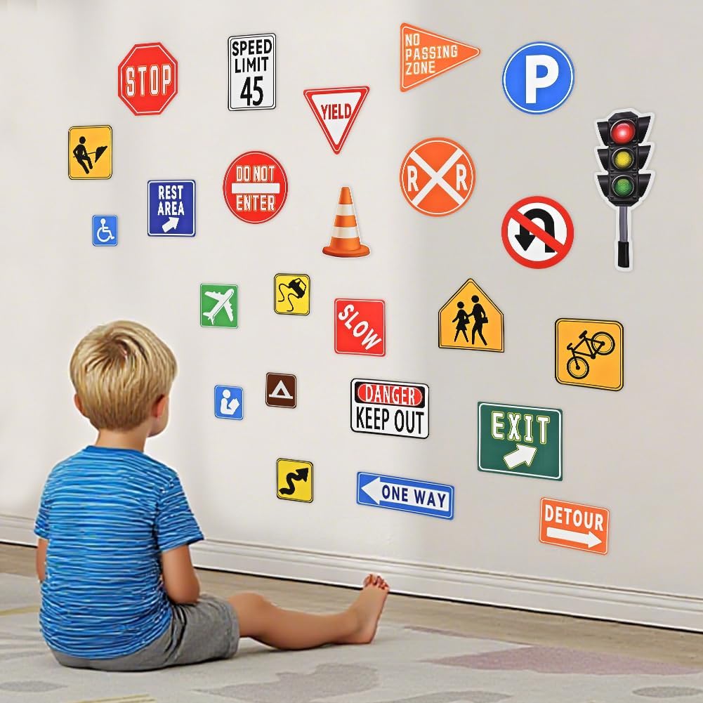 Road Signs Room Decor, 25 Pieces Traffic Sign Wall Stickers, Street Transportation Decals for Kids Bedroom Classroom Playroom Nursery Decoration