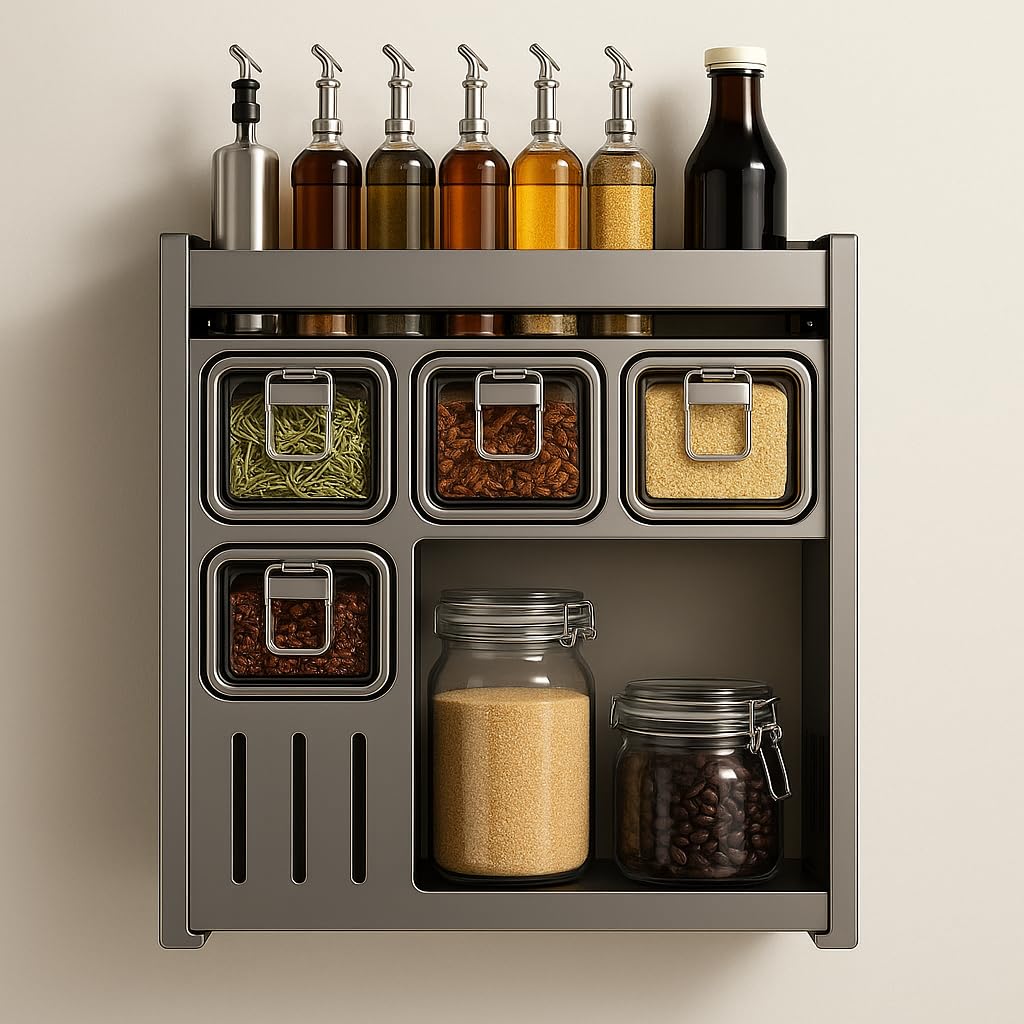 SHAMAKART Kitchen Spice Rack, Kitchen Organizer and Storage Rack, Spice Organization for Cabinets Punch-free Wall/Countertop Home Decor Multifunctional Double Layer 4 Grid Condiment Rack, Gray