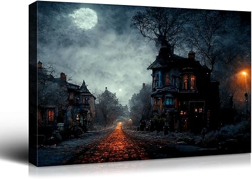 Miniatura 135 de Denozer Lienzo decorativo para pared de Halloween, castillo de terror de 32 x 24 pulgadas, decoración de pared de luna, decoración de otoño de Obra