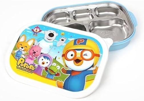 Pororo Portable Stainless Steel Divided Food Tray, Platter with Lid in Blue, Made in Korea