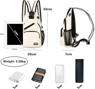 FANDARE Women Chest Bag Small Backpack with Earphone Hole Crossbody Bags Girl Crossbody Crossbody Sport Travel Cycling Winter Sling Bag Polyester Durable, Black/White, L, Modern