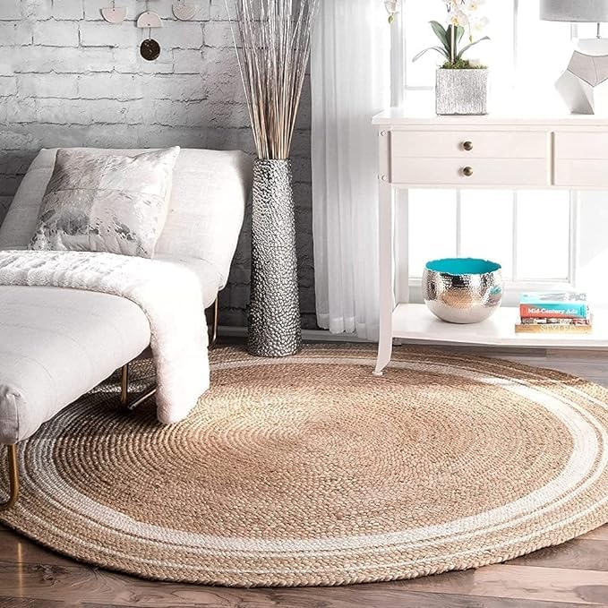 LINGWEI Jute Rug Carpet Area Rug with White Line Decorative Round Rug Carpet For Indoor and Outdoor (120x120cm)
