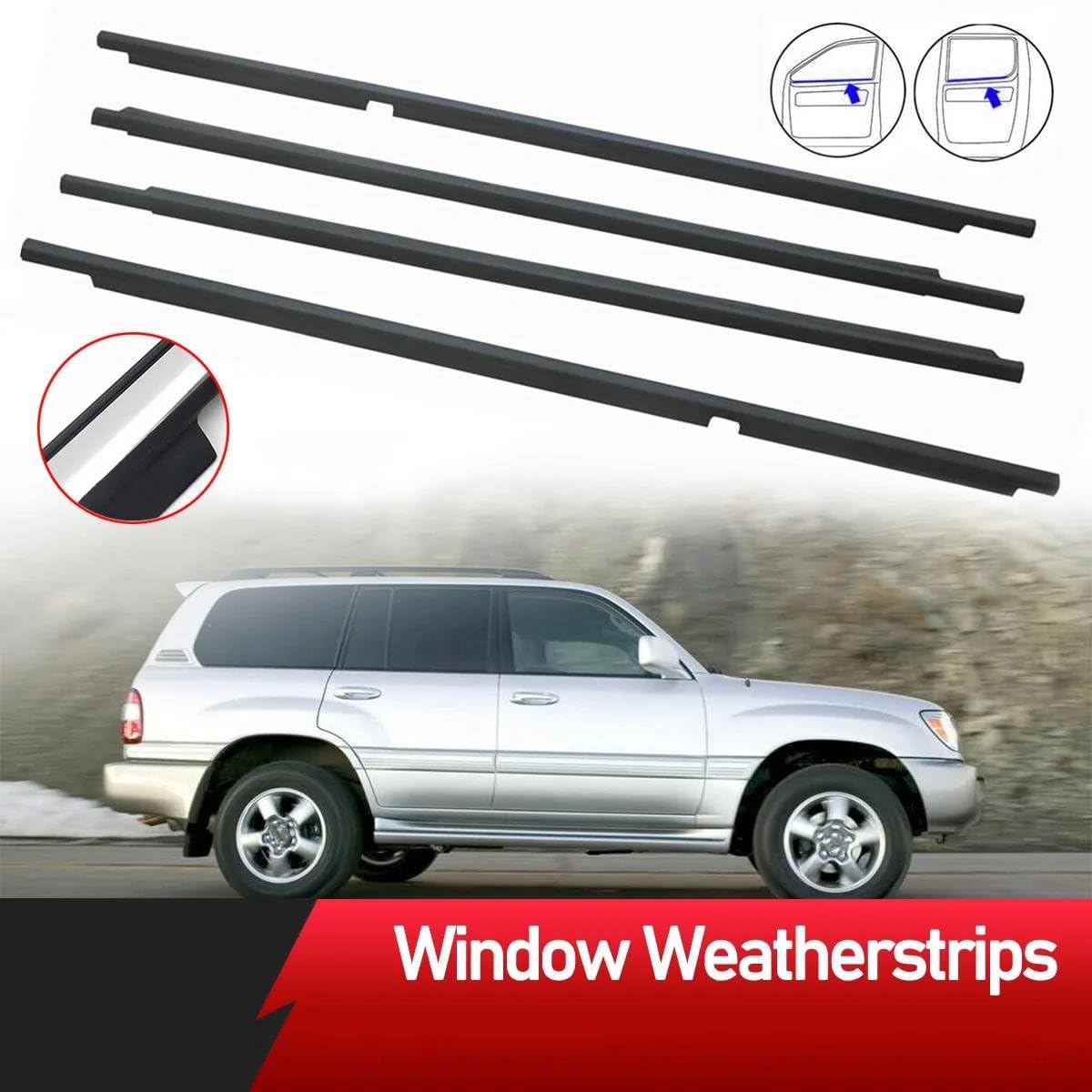 Striscia Tenuta Portiera 4 Pezzi Guarnizione In Gomma Finestrini Esterni Guarnizione Portiera Modanatura Per Land Per Cruiser Serie LC100 Per Lexus LX470 1998-2007 Guarnizioni(Nero)