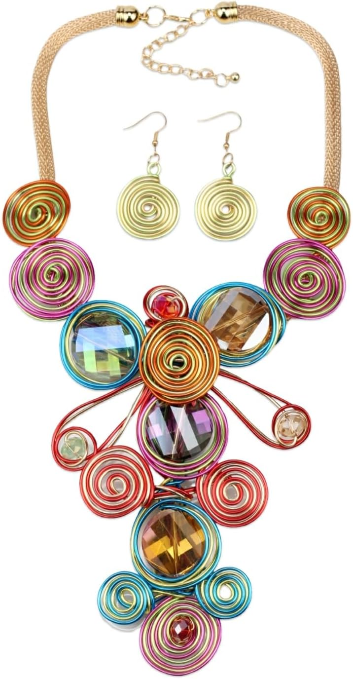 Colorful Bead Crystal Pendant Necklace Earrings Set for Women Big Chunky African Statement Vintage Ethnic Flower Bohemian Female Rhinestone Tribal Jewelry Set