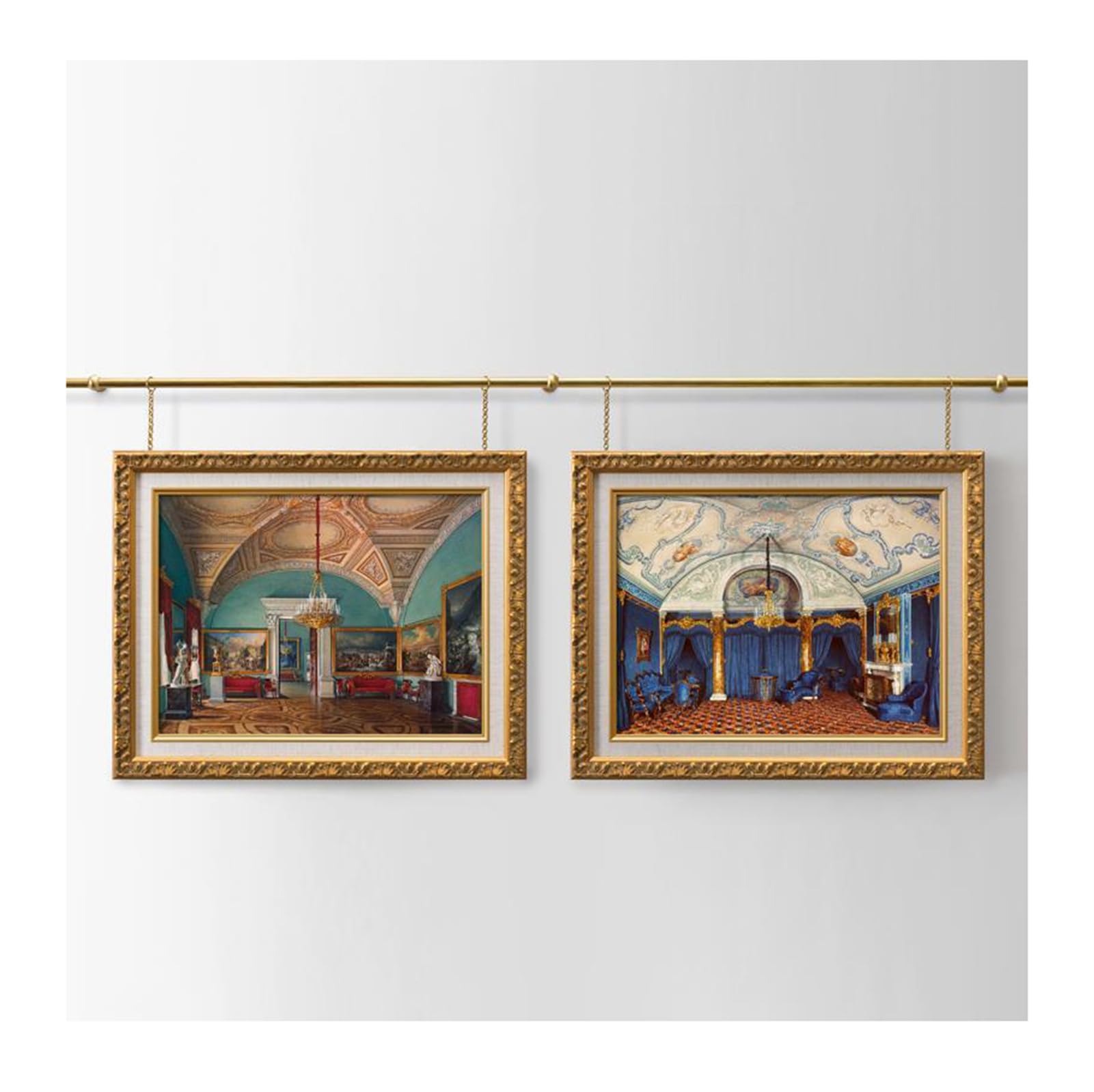 Sistema appendiquadri in Ottone Antico, Set di Sospensione con Catena Metallica per gallerie o salotti, Regolabile per cornici e Stampe su Tela 1.6m/63