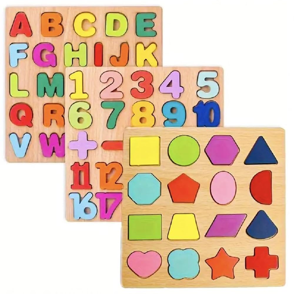 3Pcs Wooden Alphabet Number and Shape Puzzle Board Set with Colorful Letters, Numbers and Geometric Shape Pieces-image-39