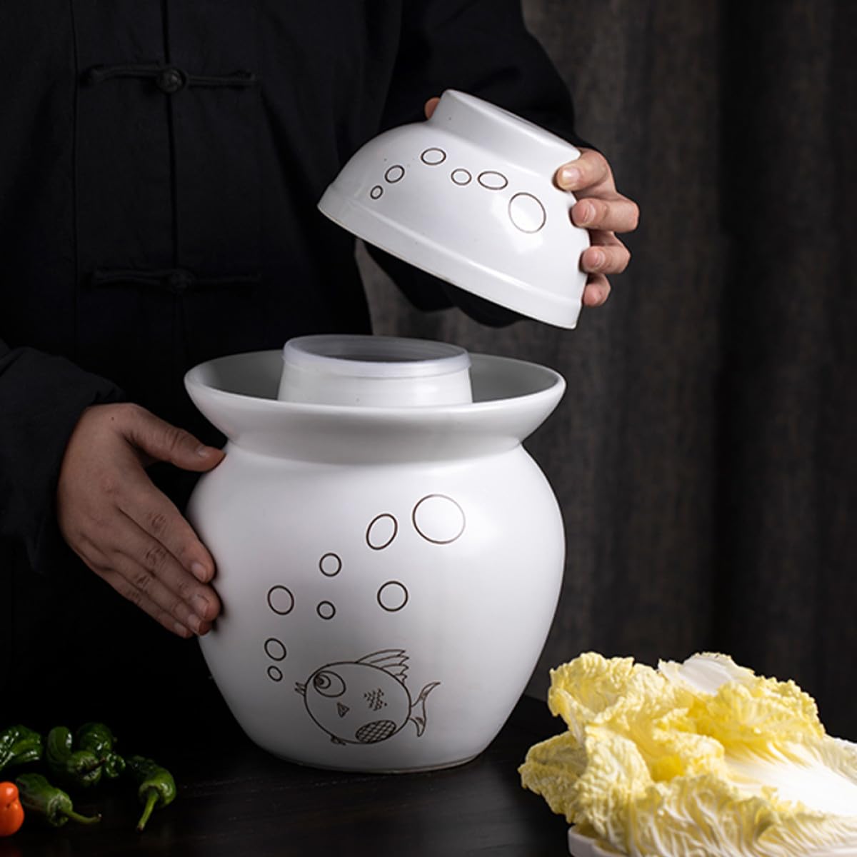 BESPORTBLE Vaso per Fermentazione Alimentare in Materiale Inorganico da 0,75 Kg Coperchio Ermetico e Facile da Pulire per Conservazione Sottaceti e Verdure Fermentate in Cucina