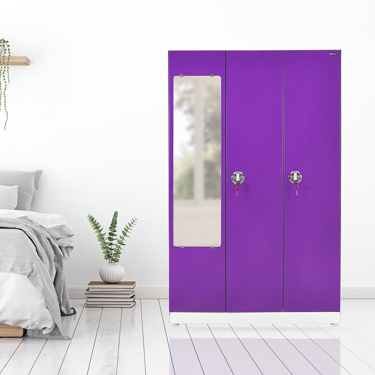 Nilkamal Jupiter Metal 3 Door Miror Wardrobe with 1 Hanging Rod, 6