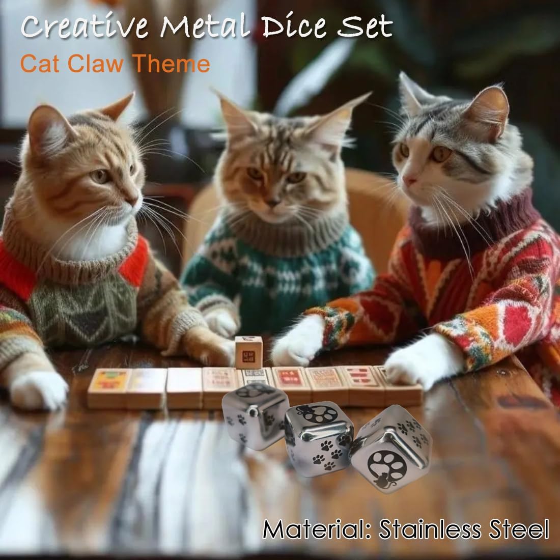 3Pcs/Set Creative Metal Dice Set, Cat's Paw Design Standard Dices 6 Sided Dice for DND MTG PRG Wow Tabletop Games, Silver image 5