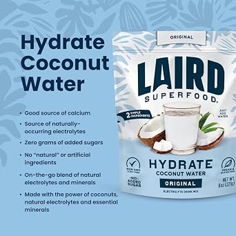 Laird Superfood HYDRATE Coconut Water Powder Drink Supplement with Coconut Water and Auqamin, All Natural, No Added Sugars, Gluten-Free, Non-GMO, Vegan, 8 oz. Bag, Pack of 1