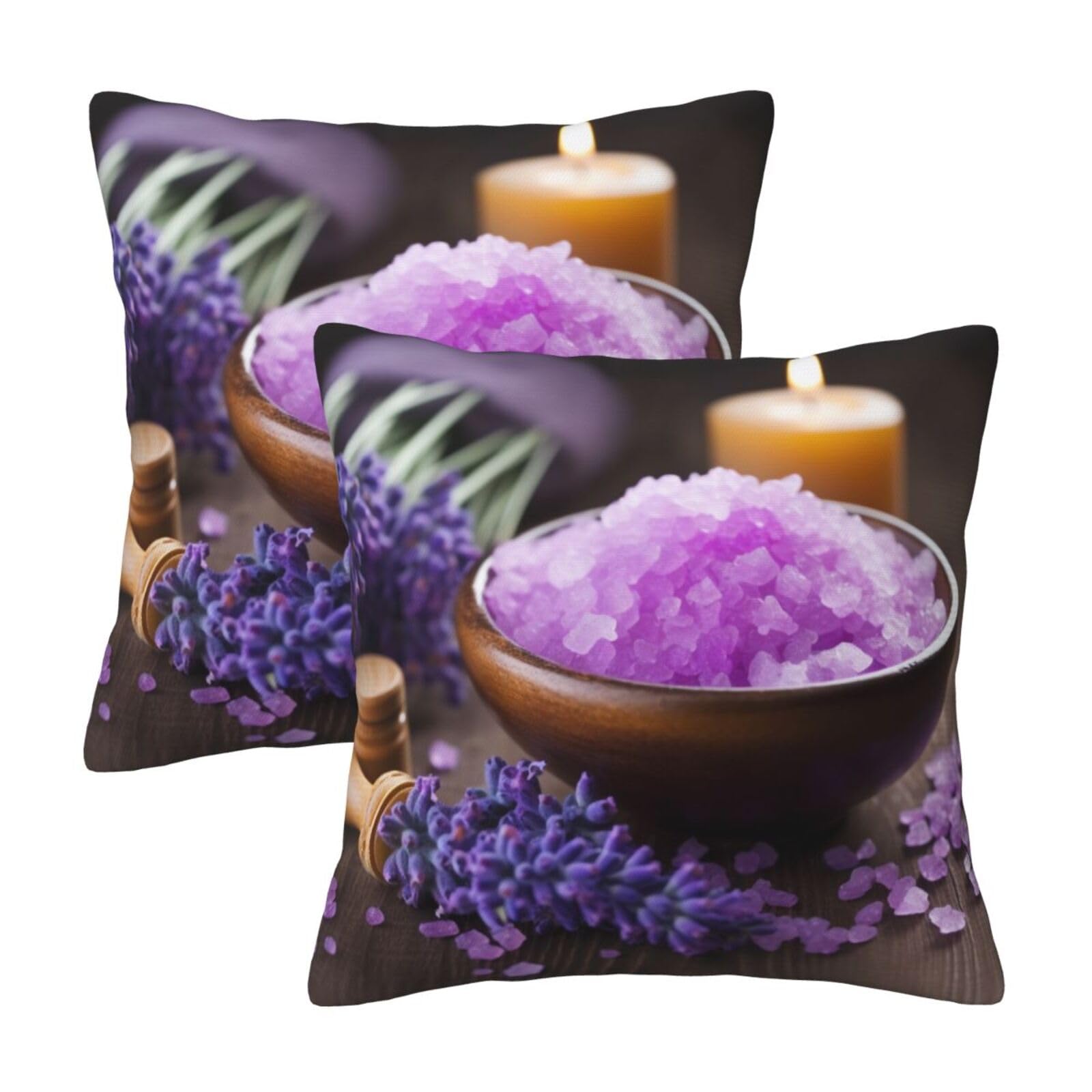 Lavender Flower and Spa Salt Throw Pillow Cases 2 Pack Square Pillowcases Soft Pillow Protectors for Couch Livingroom Sofa Bed Office Car,30x30 CM