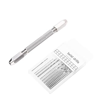 Double Hand Drill Rust Proof Durable Brass Electroplated 2 Collet Design 3 Jaw Collet Ergonomic Handle Twist Bit Hand Drill Set for PCB Handicraft Watch Making Silver 10 Micro