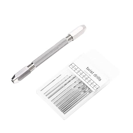 Double Hand Drill Rust Proof Durable Brass Electroplated 2 Collet Design 3 Jaw Collet Ergonomic Handle Twist Bit Hand Drill Set for PCB Handicraft Watch Making Silver 10 Micro