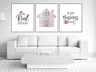 Rose Gold Real Estate Wall Art 3 Pieces Canvas Poster Print Real Estate Quotes Painting Pictures for Living Room Realtor Office Decor with Wooden Inner Frame