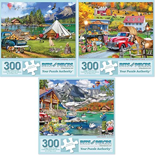 Bits and Pieces – Value Set of Three Large 300 Piece Jigsaw Puzzles for Adults – Lake & New England Farm Jigsaw Puzzles by Ali Innis, Completed Puzzle Size: 18" x 24"