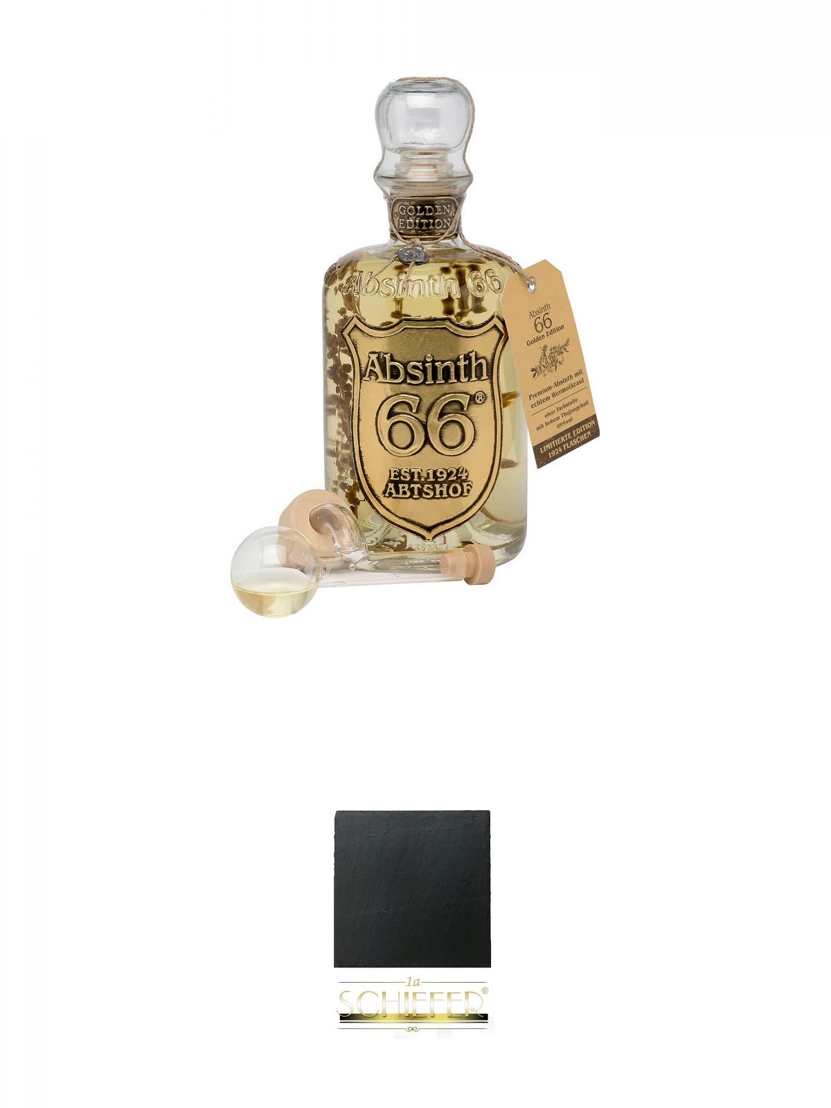 Buffalo Grass Absinth GOLD 69% 0,5 Liter + Schiefer Glasuntersetzer eckig ca. 9,5 cm Durchmesser