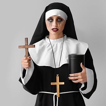 PHOGARY 5PCS Nun Costume Accessories Set, Sexy Nun Costume Cosplay Accessories with Habit Headpiece Collar Cross Pendant Necklace Gloves Stockings for Women Halloween Cosplay Fancy Dress Up Party