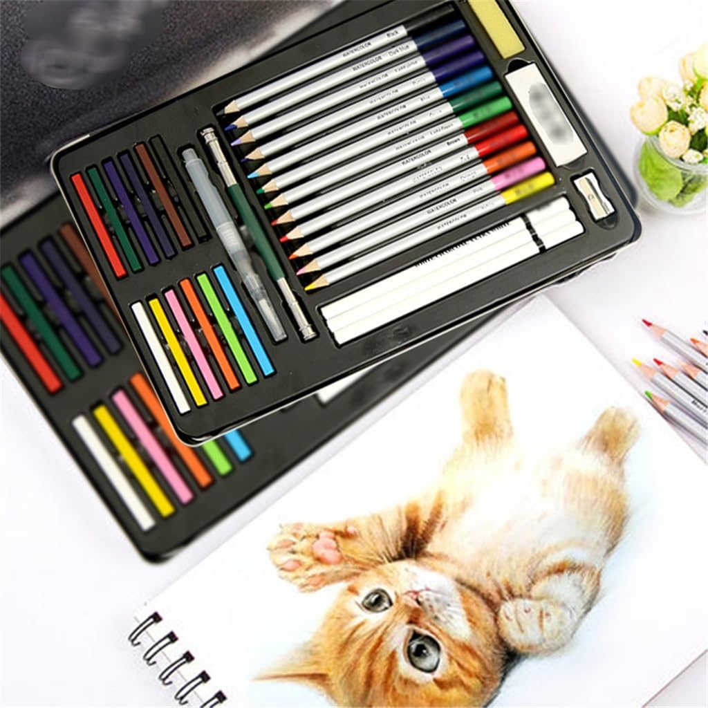 32 Pieces Water Soluble Coloured Pencils Drawing Set Tap Pens White Charcoal Iron Case image 4