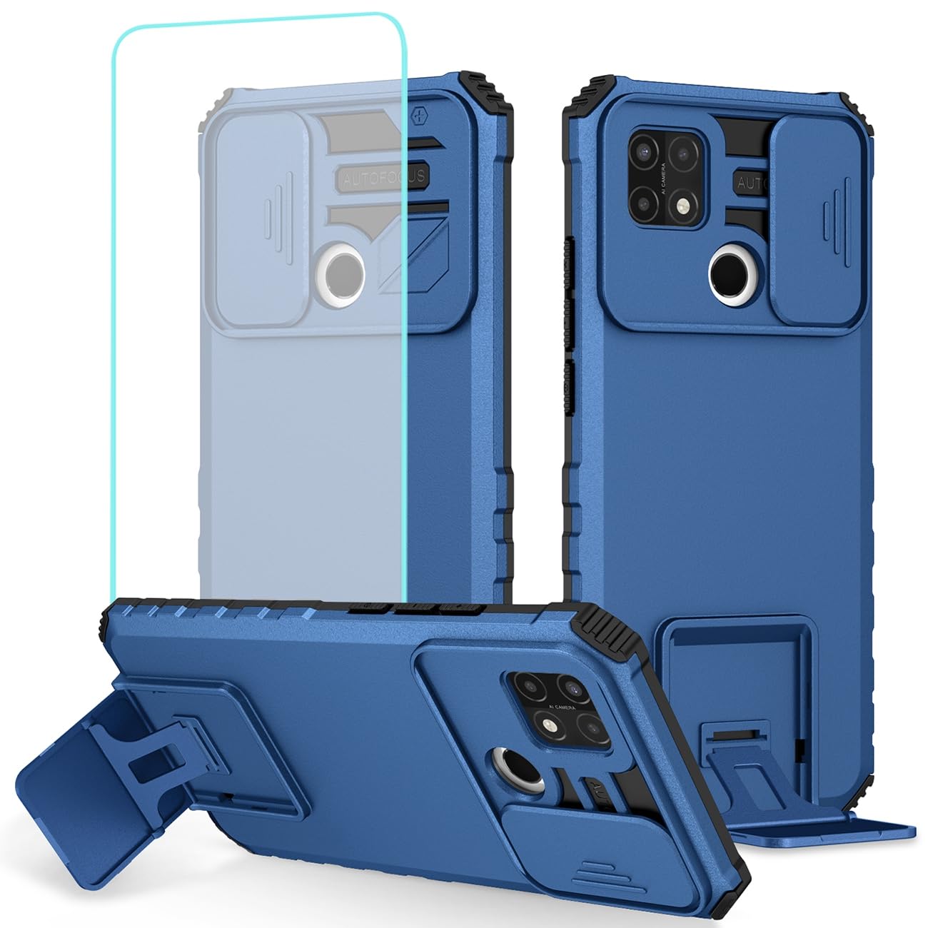 Case for Oppo A15 Case, Oppo A15S CPH2185 CPH2179 Case with Tempered Glass Screen Protector and Slide Camera Cover, Heavy Duty Kickstand Slim Protective Phone Cover for Oppo A15 Blue