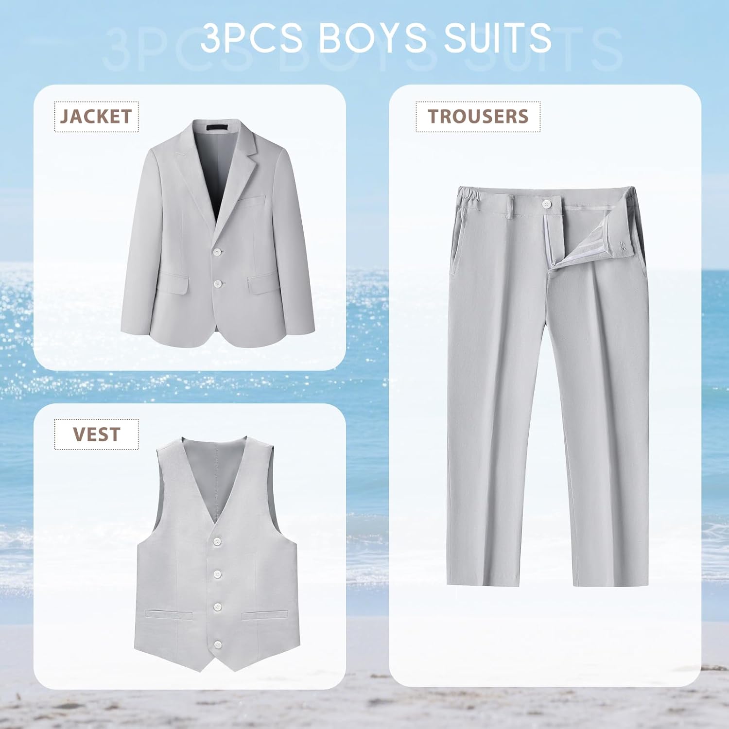 Lamgool Boys Suits Slim Fit Tuxedo Kids Formal Outfit 3-Piece Set with Blazer Vest Pants for Summer Beach Wedding - Image 2