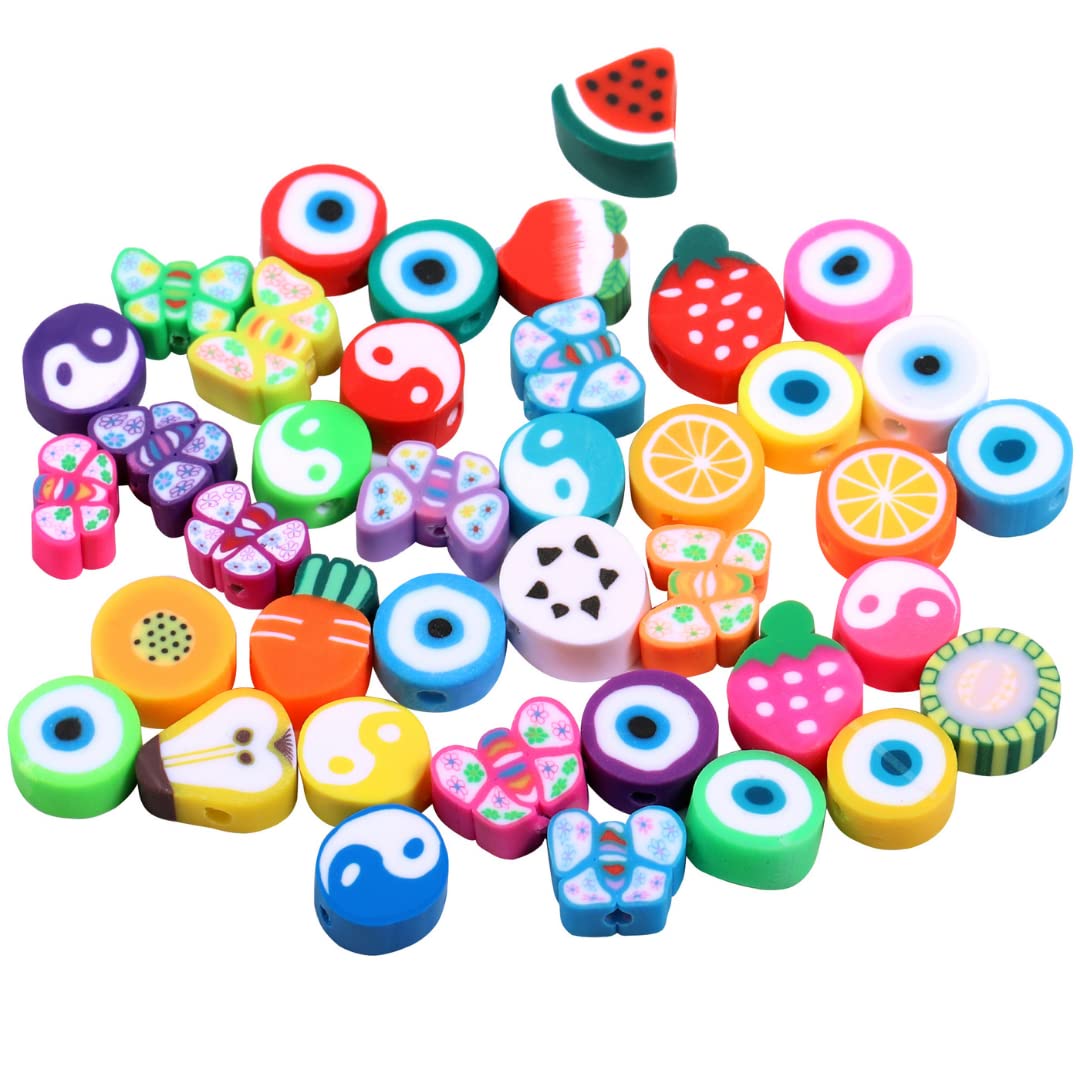 COZLANE 200 Pieces Mixed Fruit Butterfly Yinyang Devil's Eye Beads Polymer Clay Mixed DIY Beads for Necklace Bracelet Earring Jewelry Handmade Craft Making Accessories for Adults and Kids (Style A)