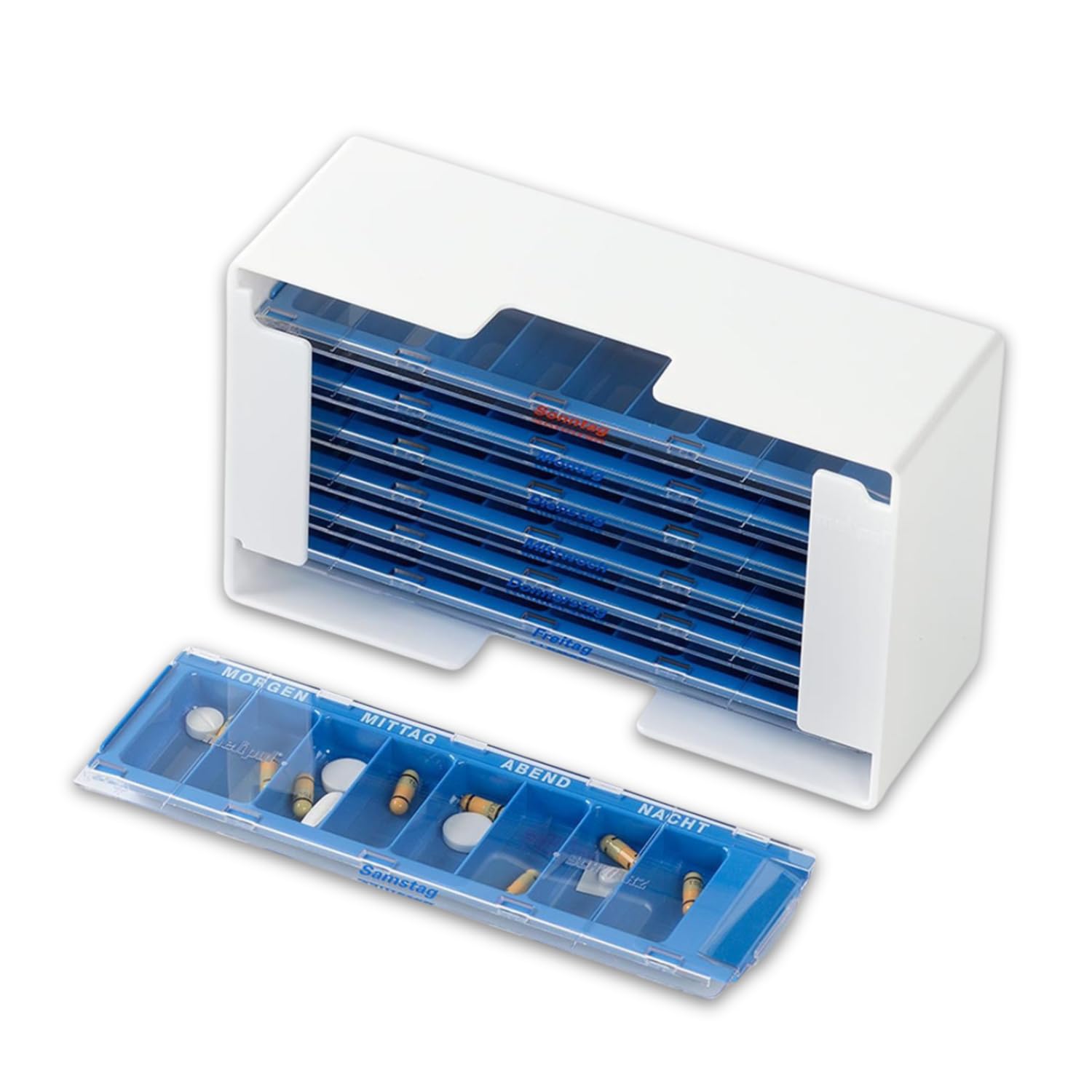 melipul Medikamenten-Dosierer XL-8 f. 1 Woche – Spenderbox weiß + 7 blaue Mehrweg-Dispenser